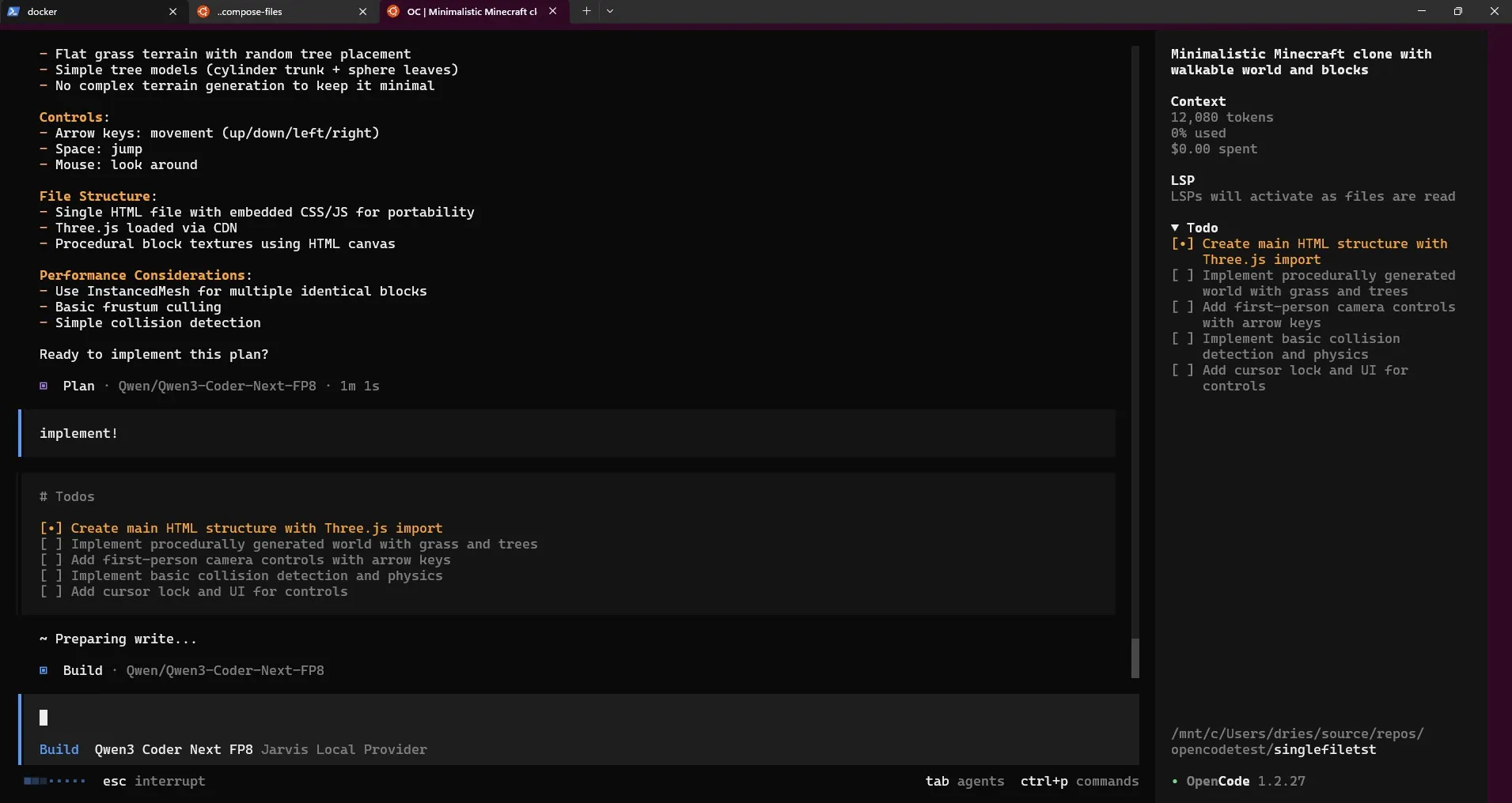 Plan mode one-shotting a Minecraft clone, single-file